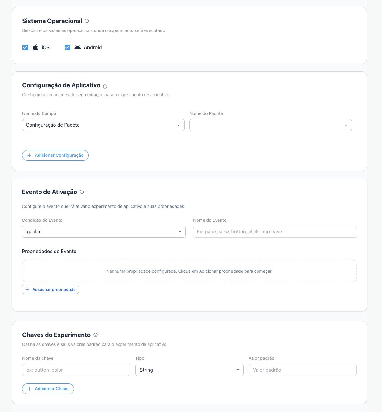 Configuração da audiência no app — sistema operacional, evento de ativação e chaves