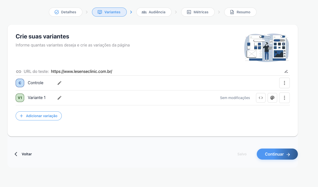 Etapa 2 — URL do teste, Controle e Variante 1