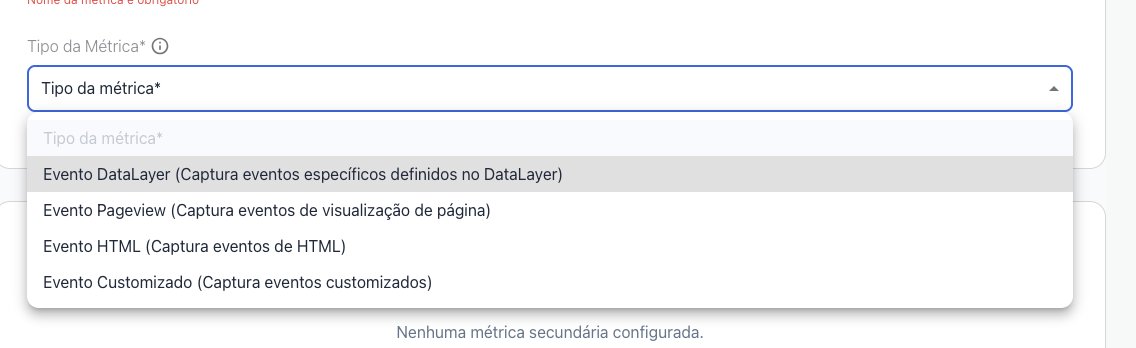 Os quatro tipos de métrica disponíveis