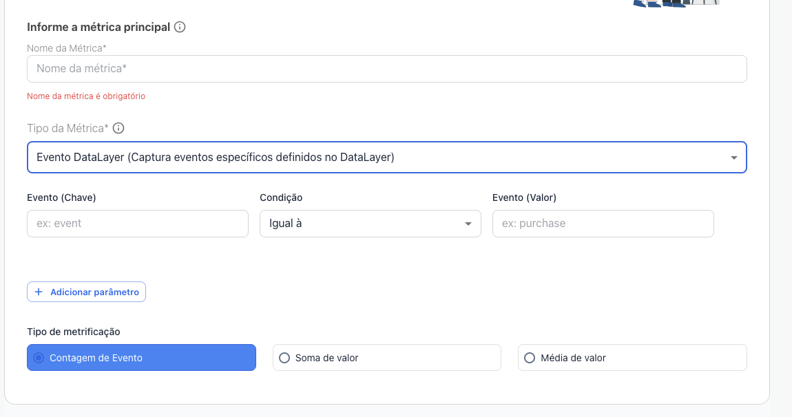 Evento DataLayer — chave, condição, valor e tipo de metrificação