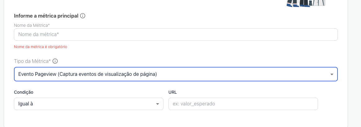 Evento Pageview — condição e URL de conversão