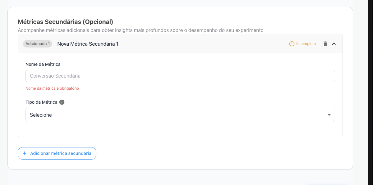 Card de métrica secundária com o selo Incompleta